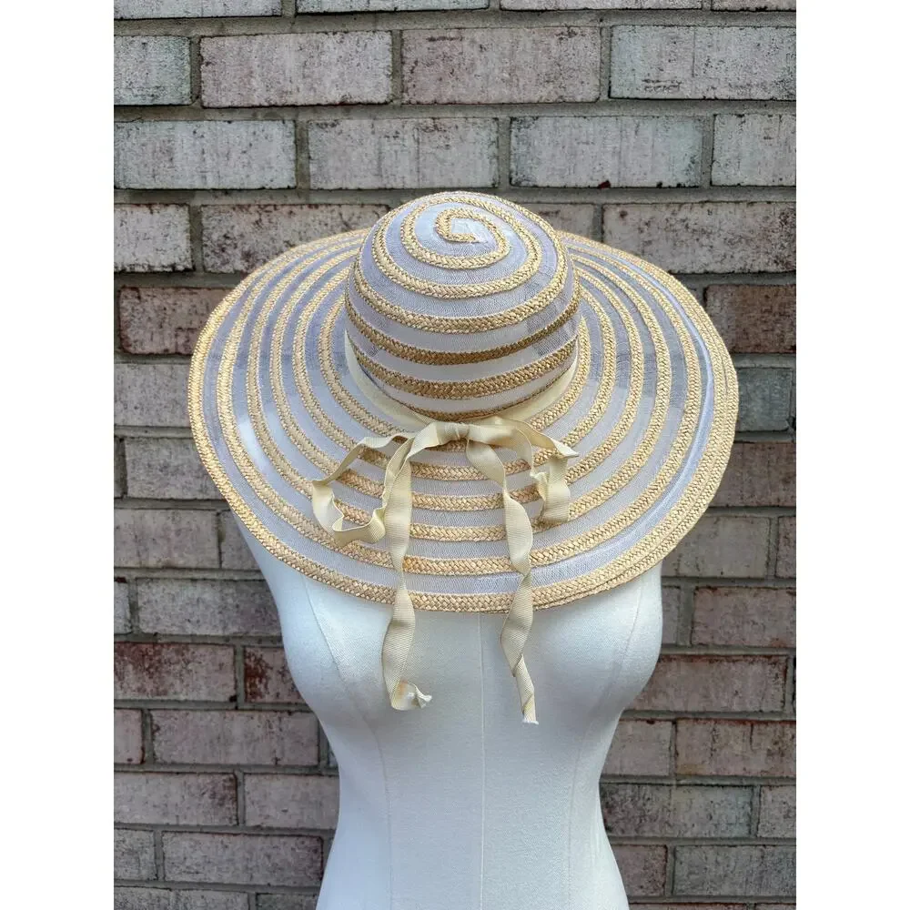 Vintage Bambergers Italian Stripe Floppy Hat Tan Cream Ribbon Trim Beach Cottage